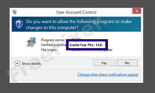 Screenshot where GameTop Pte. Ltd. appears as the verified publisher in the UAC dialog